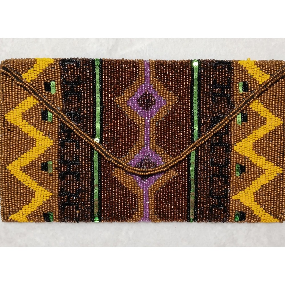 Boho-Chic Geometric Tribal Hand-Beaded Clutch Purse Earthy Tones & Gold Accents